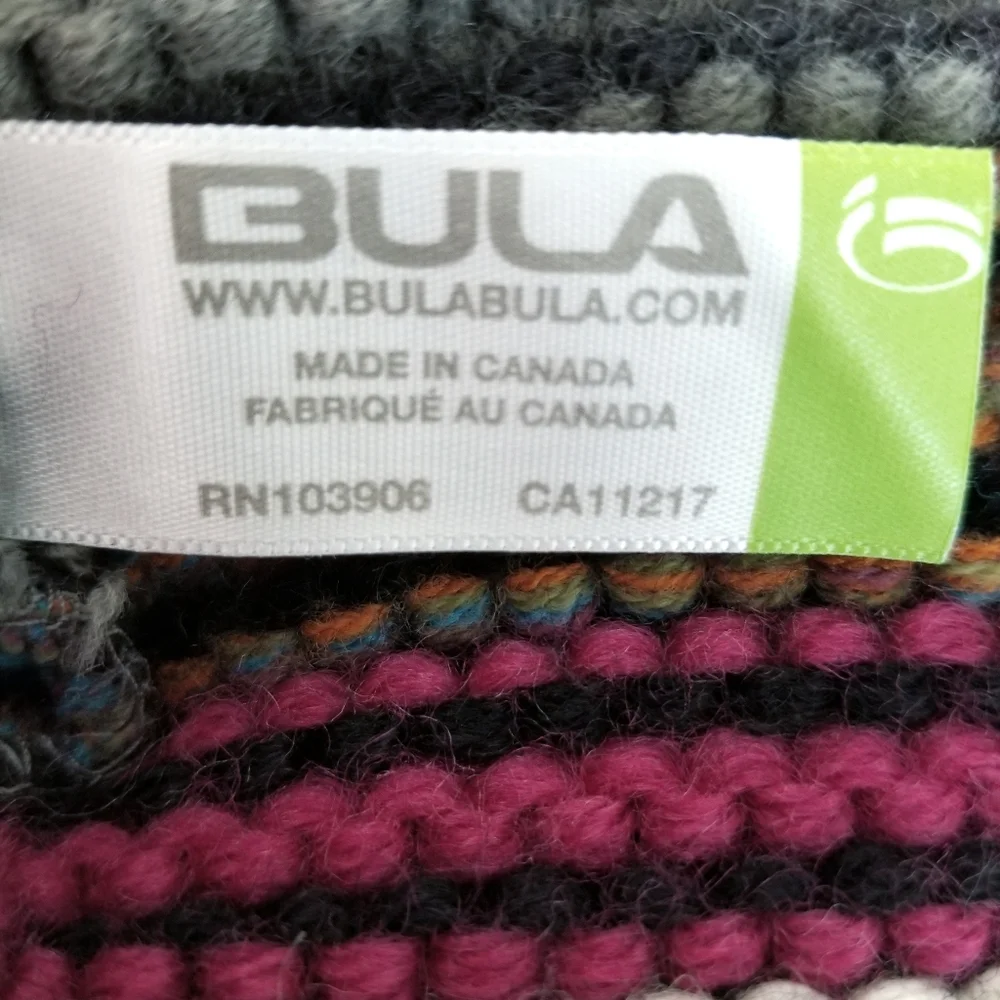 Bula Stripe Wool Knit Pom Pom Ear Flap Tassel Fleece Lined Hat Made In Canada